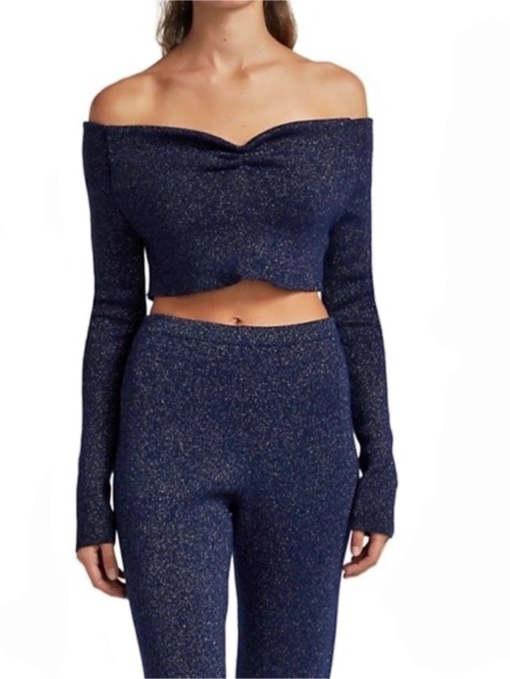 NWT LESET Zoë Long Sleeve Off-Shoulder Crop Top in Blue XS